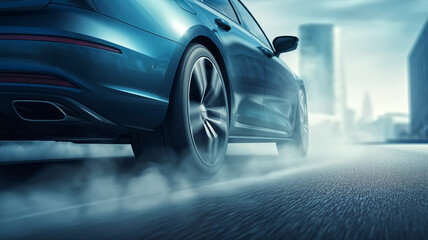Dynamic low-angle shot of a high-performance car speeding on an urban road with motion blur, conveying speed and luxury.
