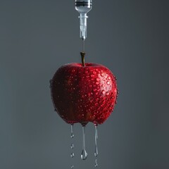 A syringe with liquid medicine being injected into an apple, surreal concept - obrazy, fototapety, plakaty