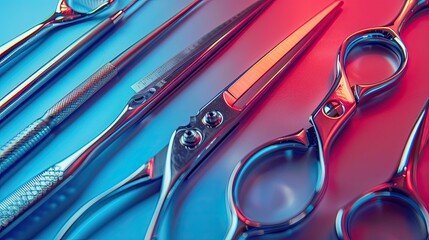 Abstract composition of medical tools like scissors and tweezers, floating in mid-air, surreal aesthetic, bold colors - obrazy, fototapety, plakaty