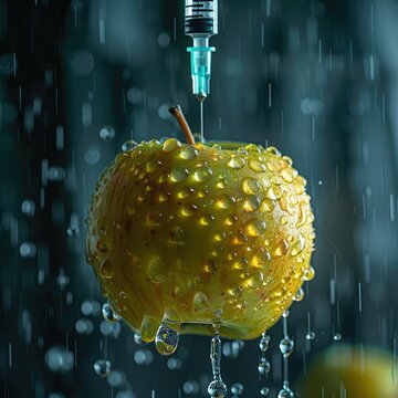 A syringe with liquid medicine being injected into an apple, surreal concept