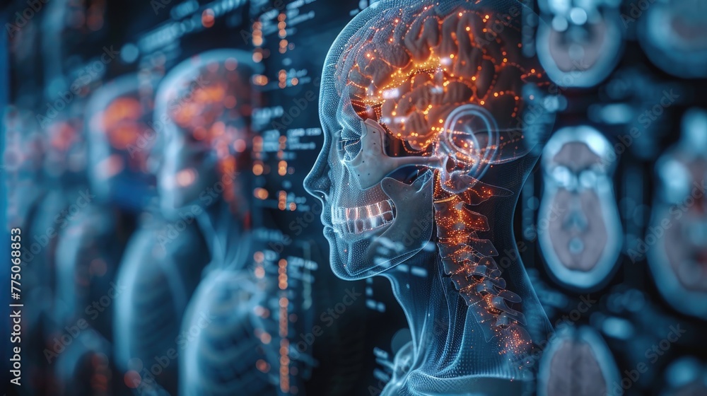 Poster ai-powered diagnostic tool analyzing medical imaging scans, glowing data visualizations