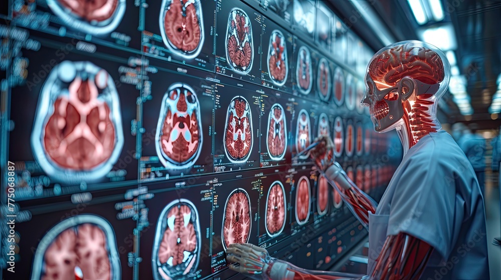 Aufkleber ai-powered diagnostic tool analyzing medical imaging scans, glowing data visualizations
