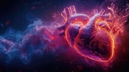 Abstract ultrasound image of a human heart, blue and purple color scheme - obrazy, fototapety, plakaty
