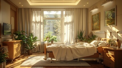 An empty hospital bed in a room with sunlight streaming through the window, peaceful and hopeful
