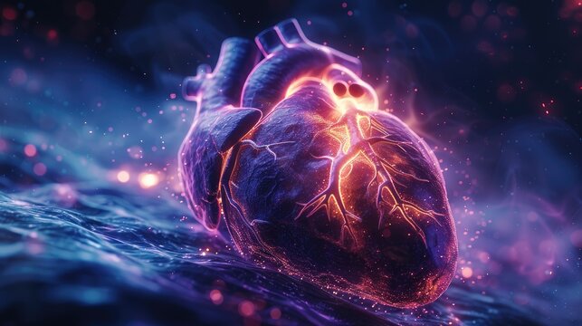 Abstract ultrasound image of a human heart, blue and purple color scheme