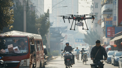 People in China use drones to deliver things, it's convenient, fast, and saves time.  - obrazy, fototapety, plakaty