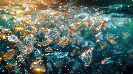 Biodegradable nanoparticles breaking down plastic pollution in the ocean, eco-friendly concept with blue and green tones