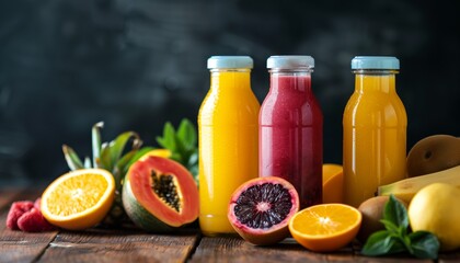 bottles of fruit juice and smoothie with fresh fruits on wooden table 