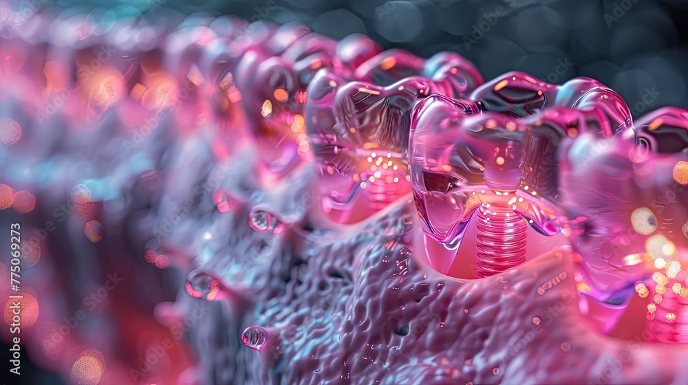 Poster close-up of nano-coated implants integrating seamlessly with human tissue, modern and minimalist sty