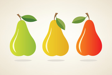 A set of three simple green, yellow and red vector pears with leaves isolated on light background