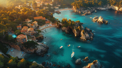 An aerial view of a quaint seaside village nestled along a rocky coastline