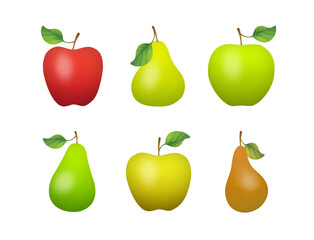 A set of simple apples and pears fruit icons isolated on white background. Created using gradient meshes