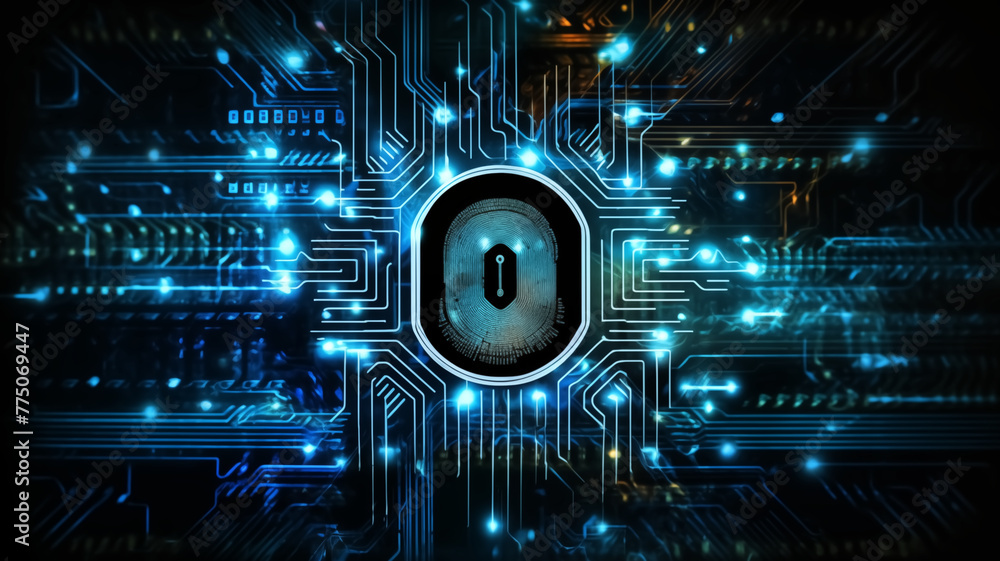 Poster futuristic digital security concept with a glowing lock integrated into a complex circuit board desi