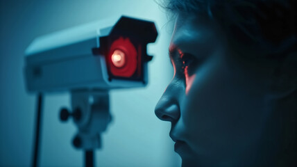 Close-up of a person's eye undergoing a retinal scan for secure identity verification in a high-tech environment.
