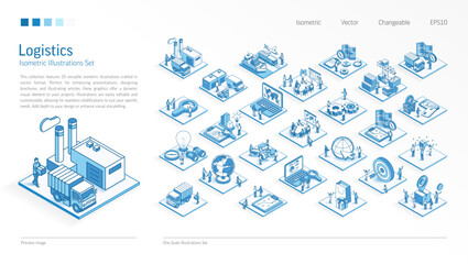 Logistic, distribution business Isometric illustrations set. Busy people teamwork 3d supply chain scenes. Men, women work team. Vector Infographic, presentation design. Transport, factory icon concept