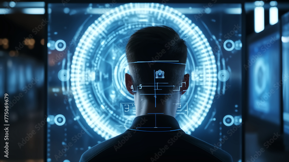 Aufkleber man undergoing advanced facial recognition process with digital interface, symbolizing modern securi