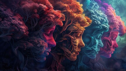Artistic portrayal of human profiles as colorful forest trees against a dark backdrop