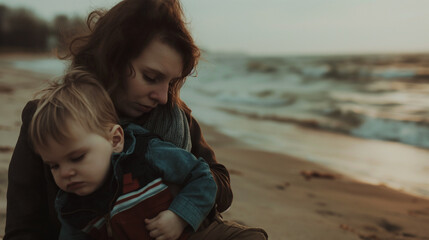 Mãe com seu filho no colo na praia 