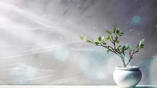 white wall background with plant in pot and shadow overlay.