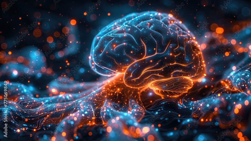 Poster digital rendering of a human brain with glowing neural pathways, intricate and detailed