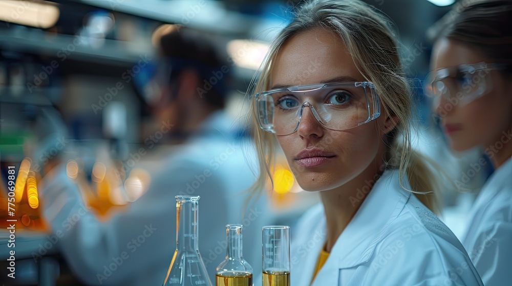 Poster diverse team of scientists discussing results in a modern laboratory, collaboration and teamwork the