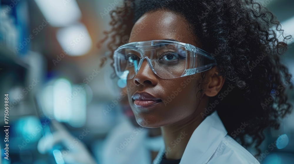 Poster diverse team of scientists discussing results in a modern laboratory, collaboration and teamwork the