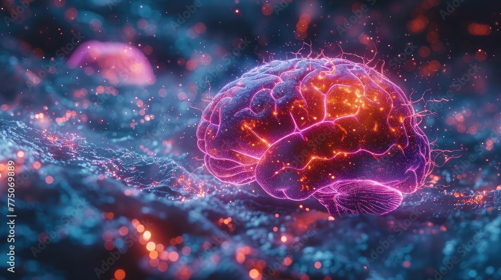 Poster digital rendering of a human brain with glowing neural pathways, intricate and detailed