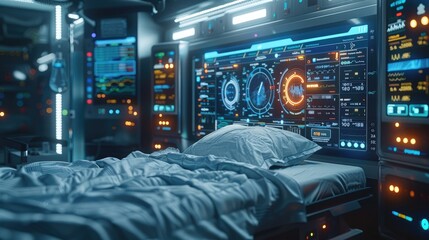 Digital display of vital signs in a hospital room, futuristic interface