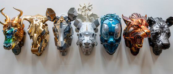 A gallery of mechanical animal heads, each with a holographic memory displaying their last moments in the wild, merging art with conservation - obrazy, fototapety, plakaty