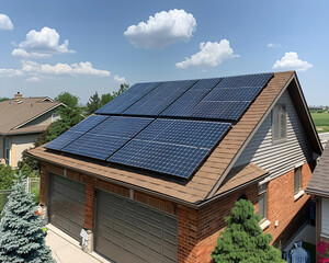 A family rooftop covered in solar panels, collecting energy on a bright summer day