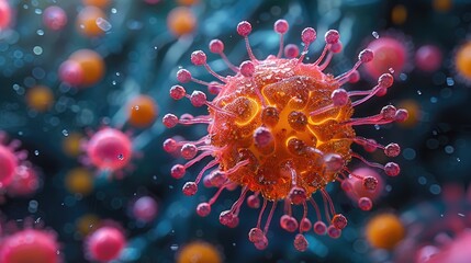 Illustration of a virus cell attacking a healthy cell, medical research concept