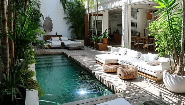 Modern apartment patio or cortyard with pool, calming area for relaxing in natural ambience