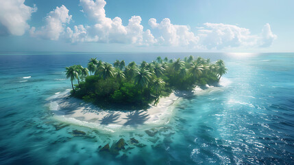 An aerial view of a remote island paradise with palm-fringed beaches - obrazy, fototapety, plakaty