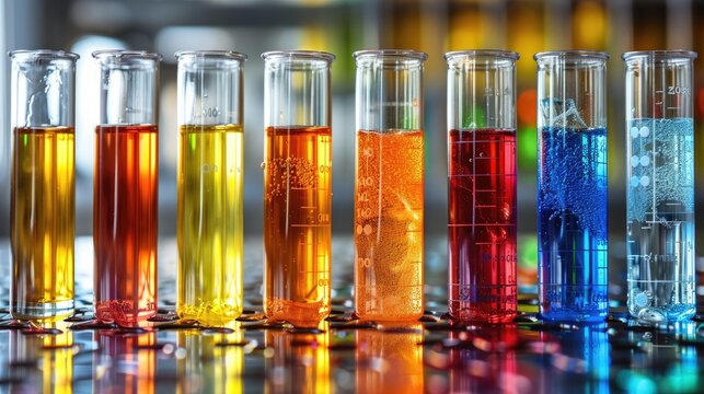 Laboratory glassware filled with colorful liquids, scientific research concept