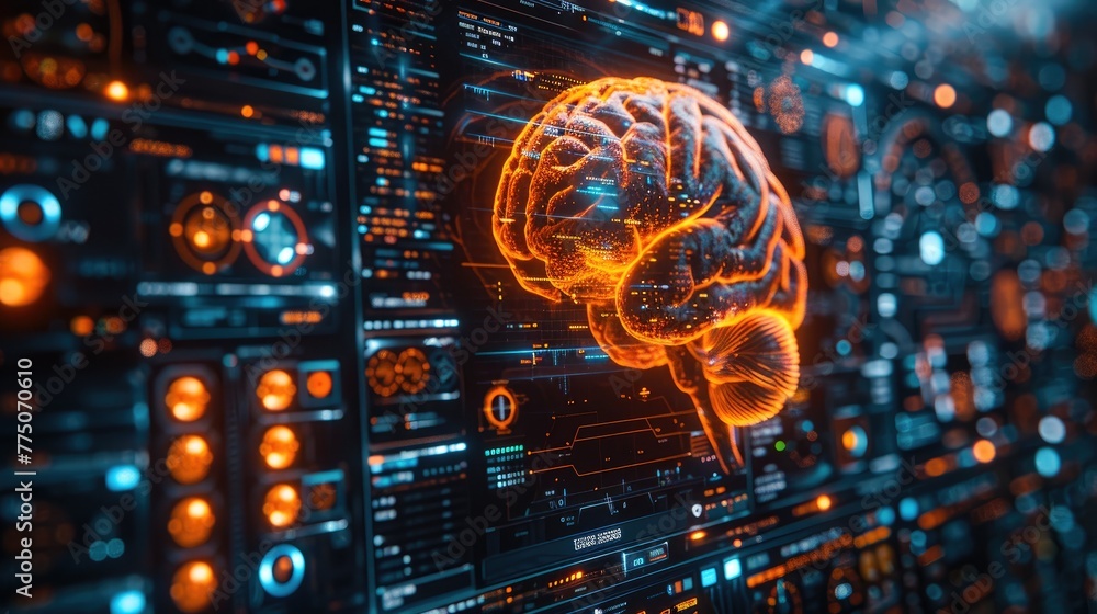 Poster mri scan of a brain showing different layers, digital technology style