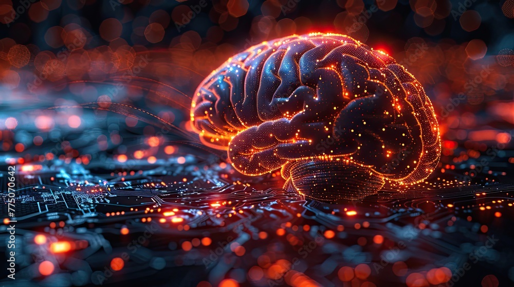 Poster mri scan of a brain showing different layers, digital technology style