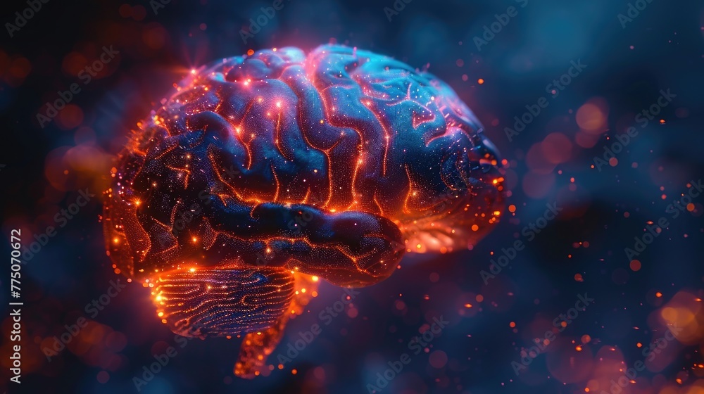 Poster mri scan of a brain with glowing areas indicating abnormalities, digital manipulation