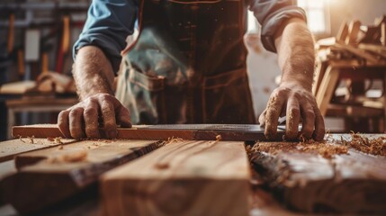 close up man owner a small furniture business is preparing wood for production. carpenter male is adjust wood to the desired size. architect, designer