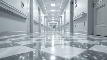 Monochromatic image of a hospital hallway stretching into infinity, sterile and empty
