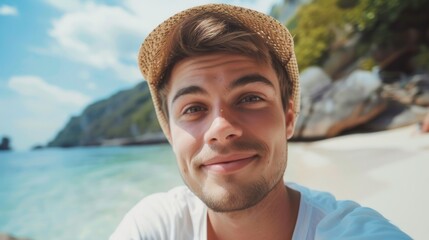 close-up shot of a good-looking male tourist. Enjoy free time outdoors near the sea on the beach. Looking at the camera while relaxing on a clear day Poses for travel selfies smiling happy tropical