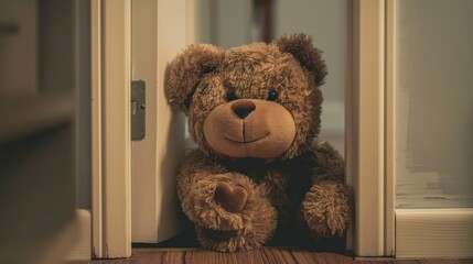 Cute brown Teddy bear toy sneak behind the door and surprise to congratulate the special day holiday festivals. game child, day care, welcome, kid day, shy childhood, party funny - obrazy, fototapety, plakaty