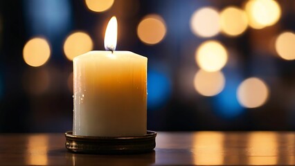 Close up of a glowing candle on the table - obrazy, fototapety, plakaty