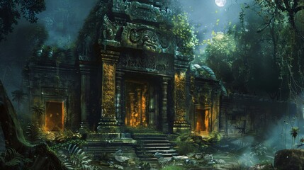 An ancient temple radiates a mystical light, nestled in the heart of a lush, luminous jungle under a moonlit sky.