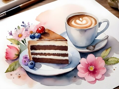 Image of a cup of coffee, a piece of cake and watercolor flowers.