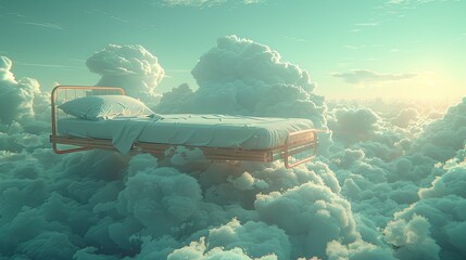 Surreal image of a floating hospital bed in a cloudy sky, dreamlike and ethereal atmosphere, soft pastel colors