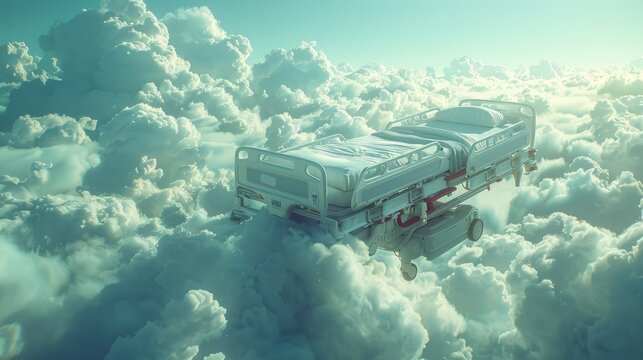 Surreal image of a floating hospital bed in a cloudy sky, dreamlike and ethereal atmosphere, soft pastel colors