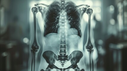 X-ray image of a broken bone in a hospital setting, monochromatic color palette - obrazy, fototapety, plakaty
