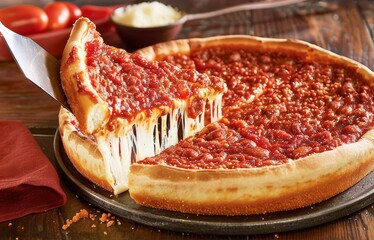 deep dish pizza with meat sauce and cheese, styled in the style of the classic Chicago style, on an old wooden table