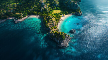 An aerial view of a remote island paradise with white sandy beaches and clear blue waters