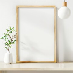 mockup of wooden frame on the wall, white background with light wood tones, on top of modern minimalistic table with vase and plant